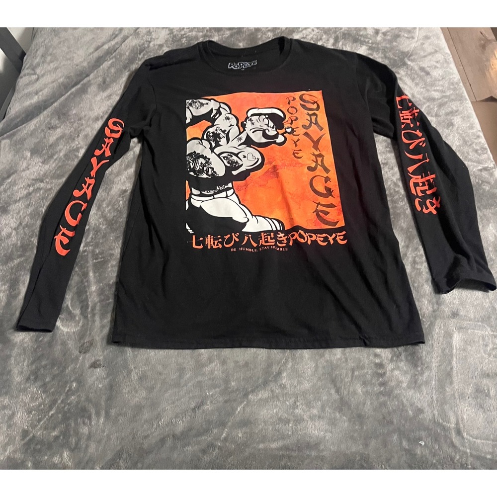 Popeye Savage Long Sleeve Graphic Tee Black Orange Japanese Script Mens Medium